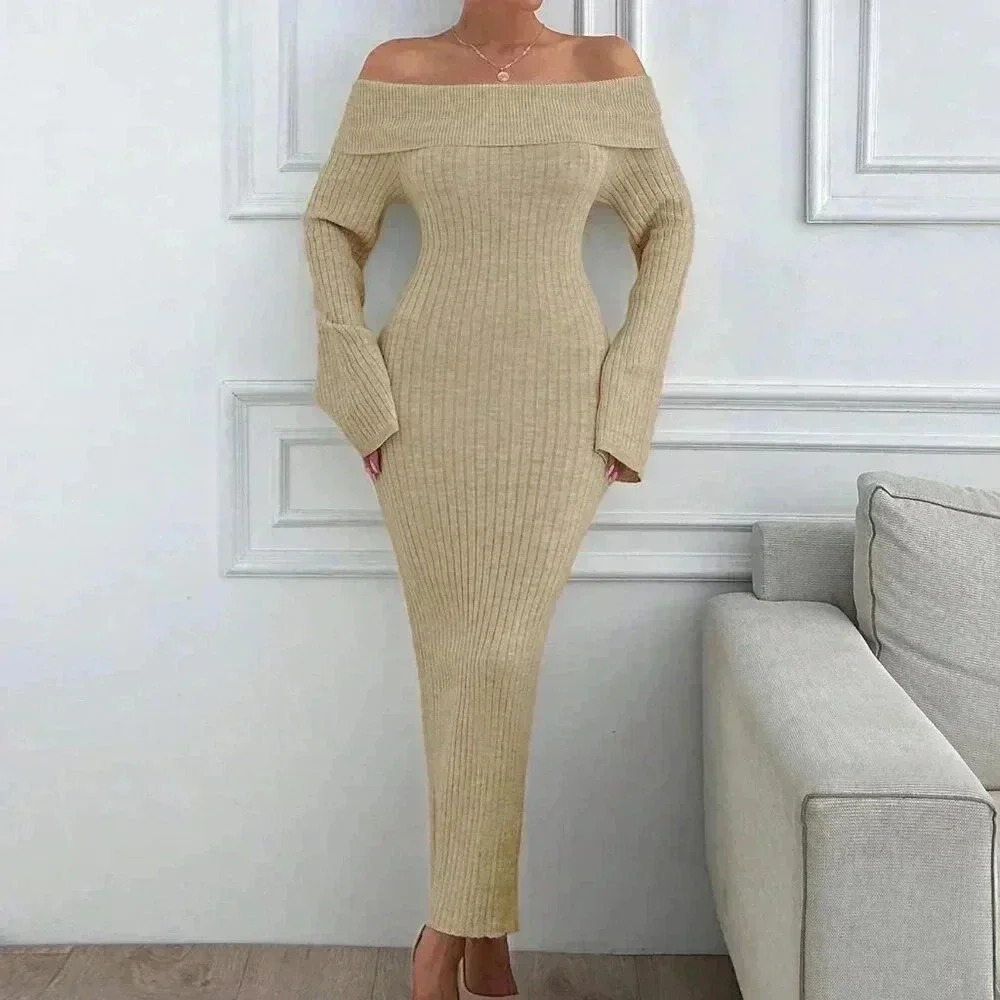 Beige Elegant Women's Off Shoulder Long Sleeve Ribbed Bodycon Knit Sweater Dress - Picture 5 of 6